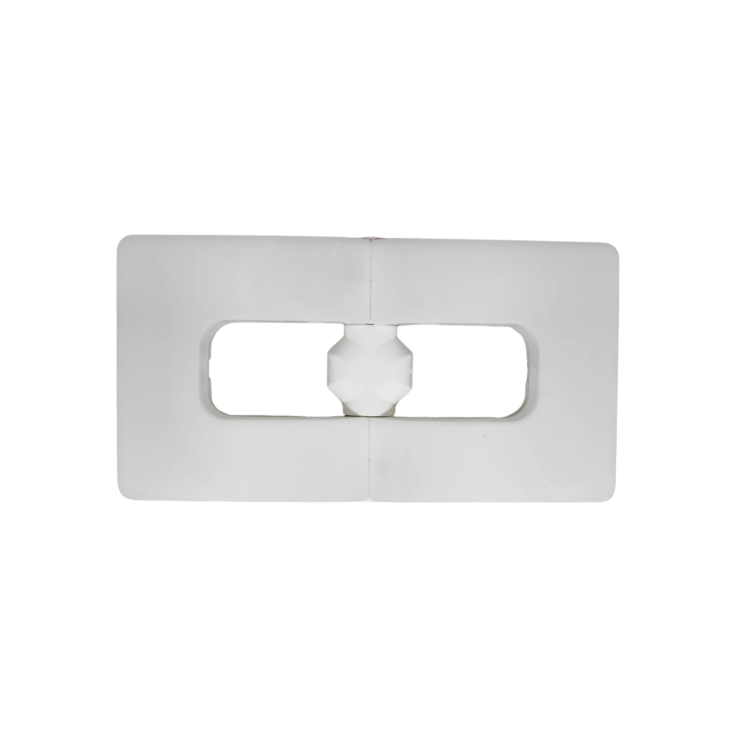 Pieza de montaje plástica blanca rectangular con ranura ovalada y eje hexagonal central