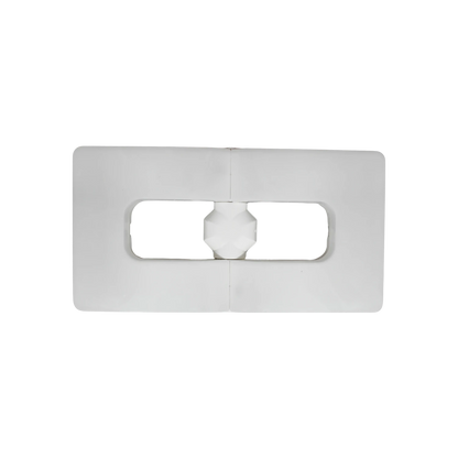 Pieza de montaje plástica blanca rectangular con ranura ovalada y eje hexagonal central
