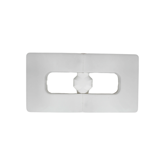 Pieza de montaje plástica blanca rectangular con ranura ovalada y eje hexagonal central