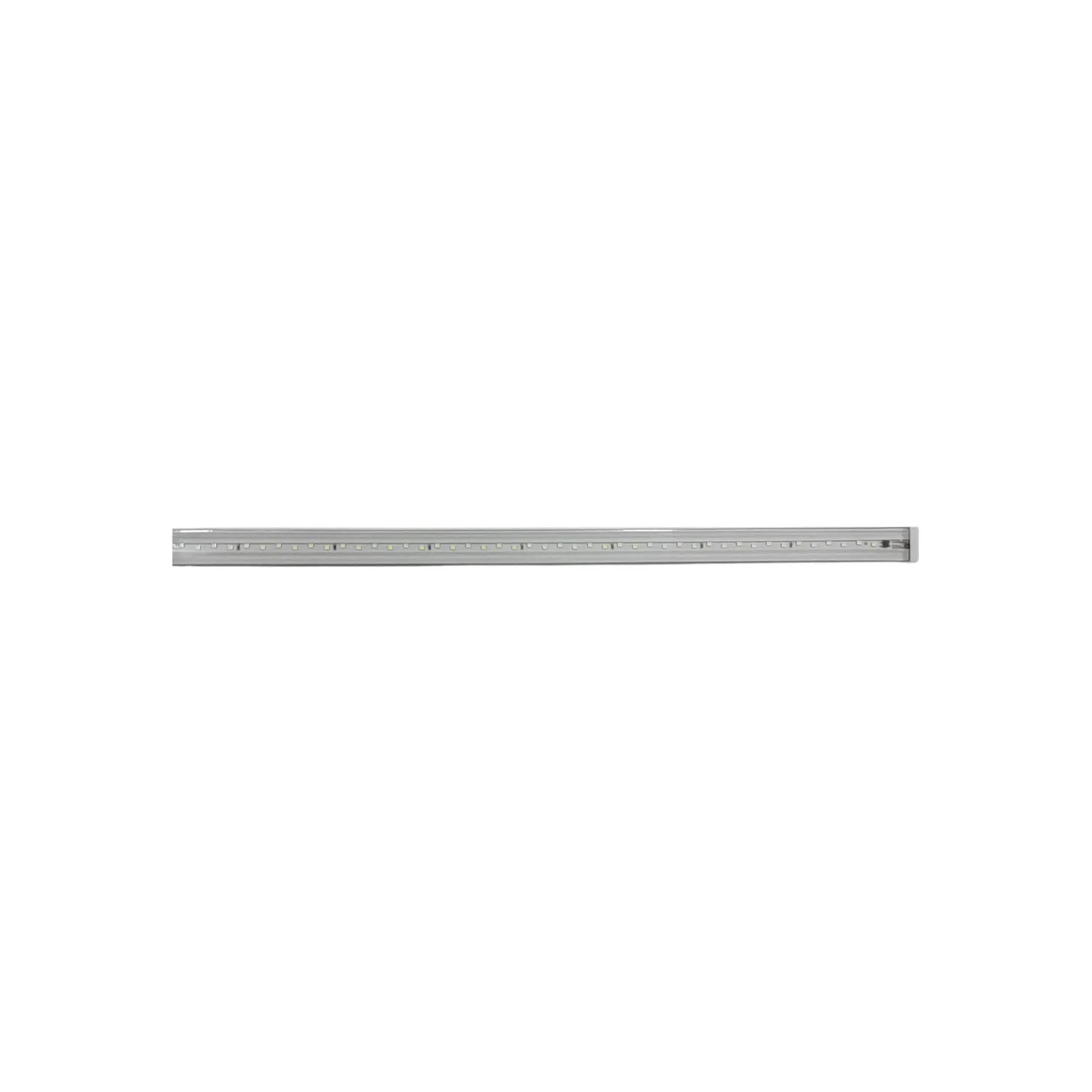 Barra de luz LED lineal blanca, con múltiples chips y perfil delgado gris, para iluminación interior.