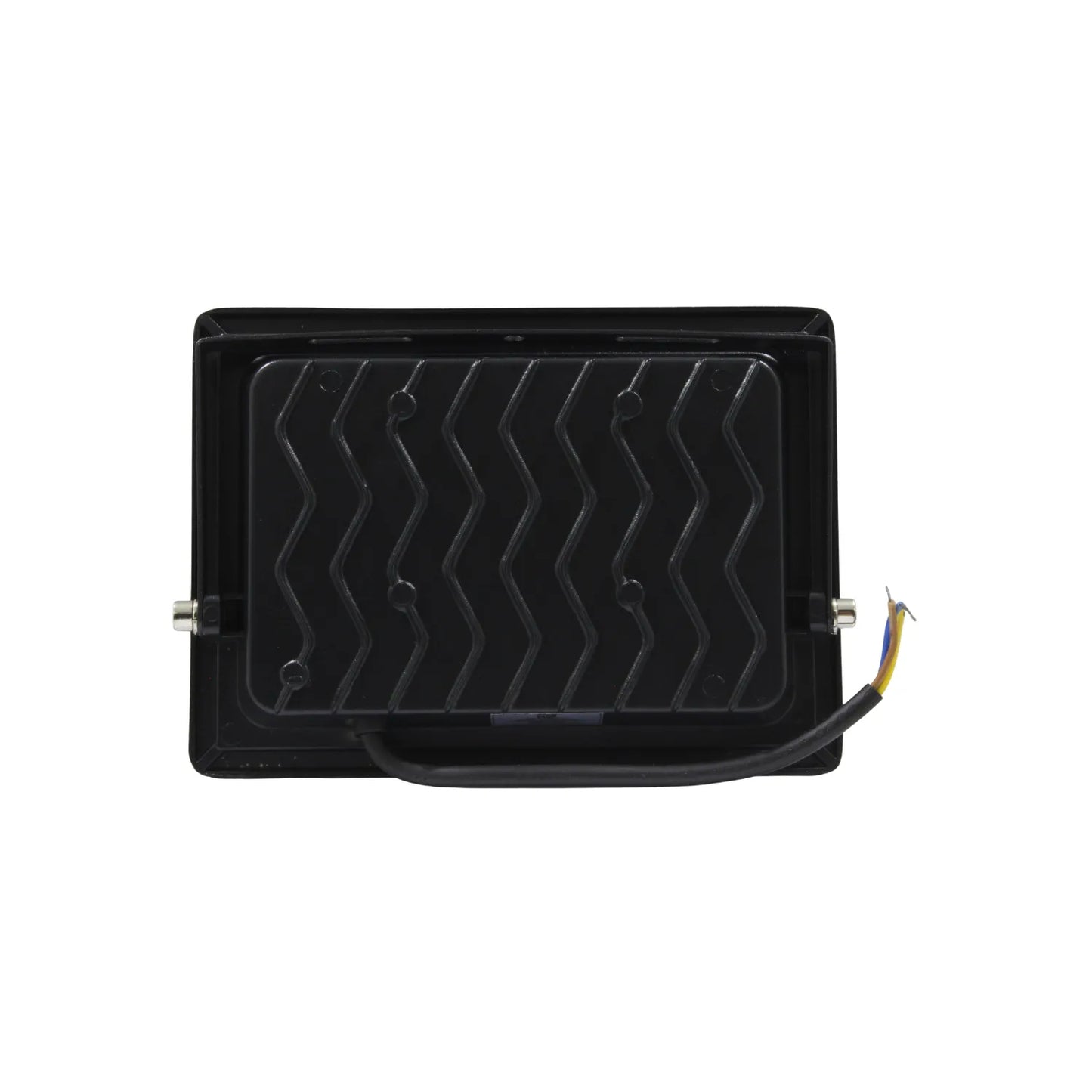 Reflector LED 50W multivoltaje negro para iluminación exterior, parte trasera con disipador de calor y cable pelado
