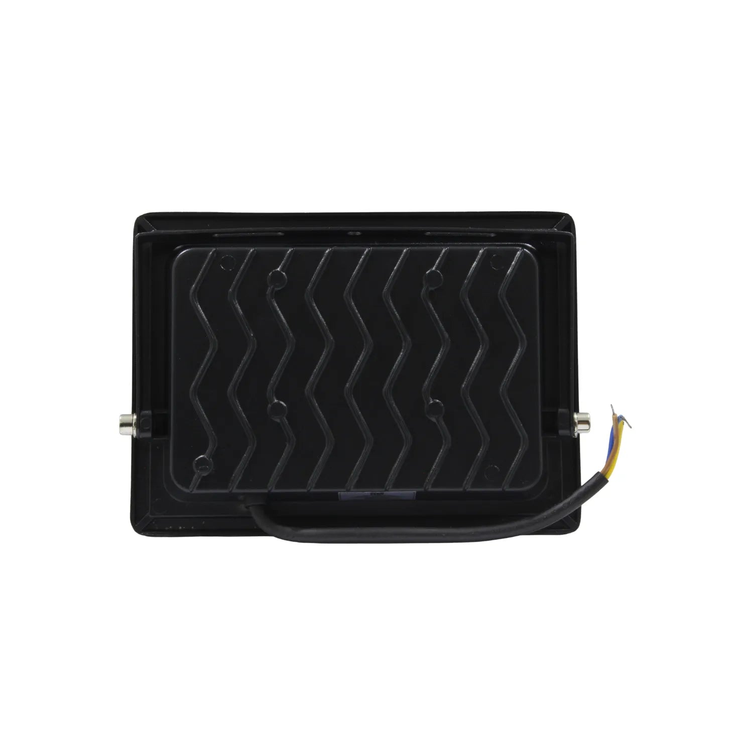 Reflector LED 50W multivoltaje negro para iluminación exterior, parte trasera con disipador de calor y cable pelado