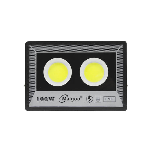 Reflector LED Maigoo 100W negro, con doble chip COB, IP66 resistente al agua, ideal para iluminación exterior potente.