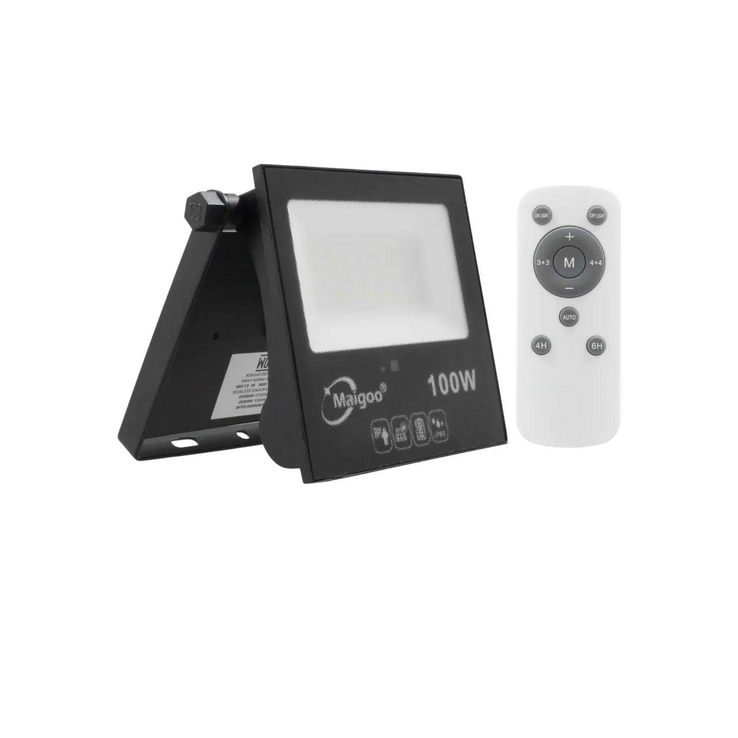 Reflector solar negro 100W Maigoo con control remoto, temporizador y brillo ajustable para exterior
