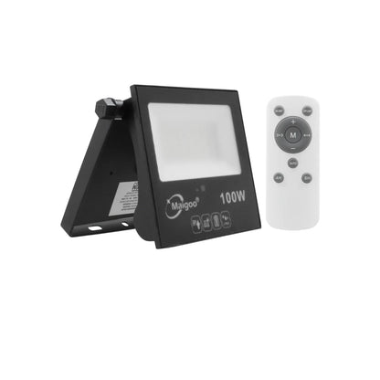 Reflector solar negro 100W Maigoo con control remoto, temporizador y brillo ajustable para exterior