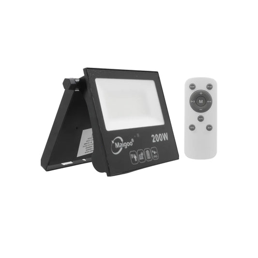 Reflector solar Maigoo negro 200W con control remoto, ajuste de brillo y temporizador para exteriores.