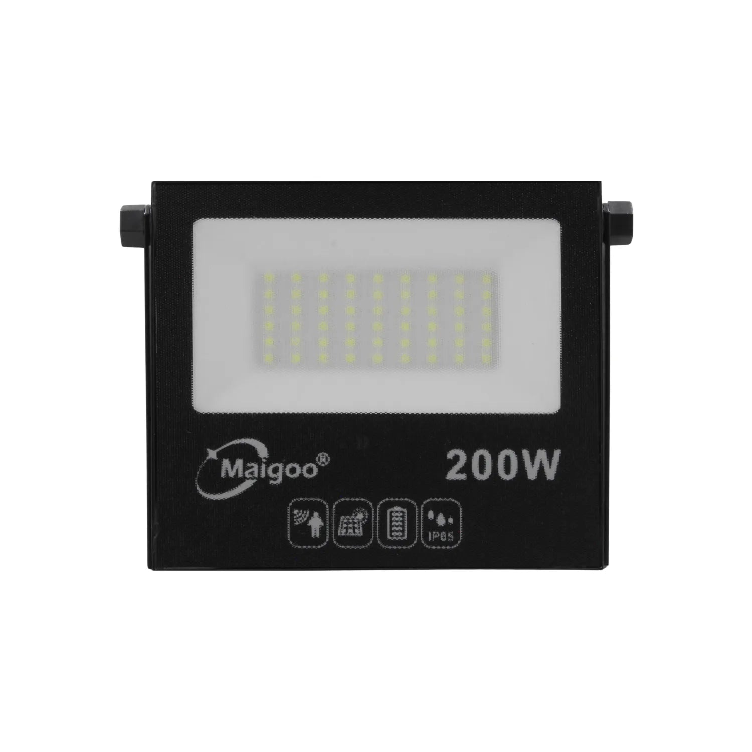 Reflector solar LED Maigoo negro 200W, resistente al agua IP65 ideal para iluminación exterior.