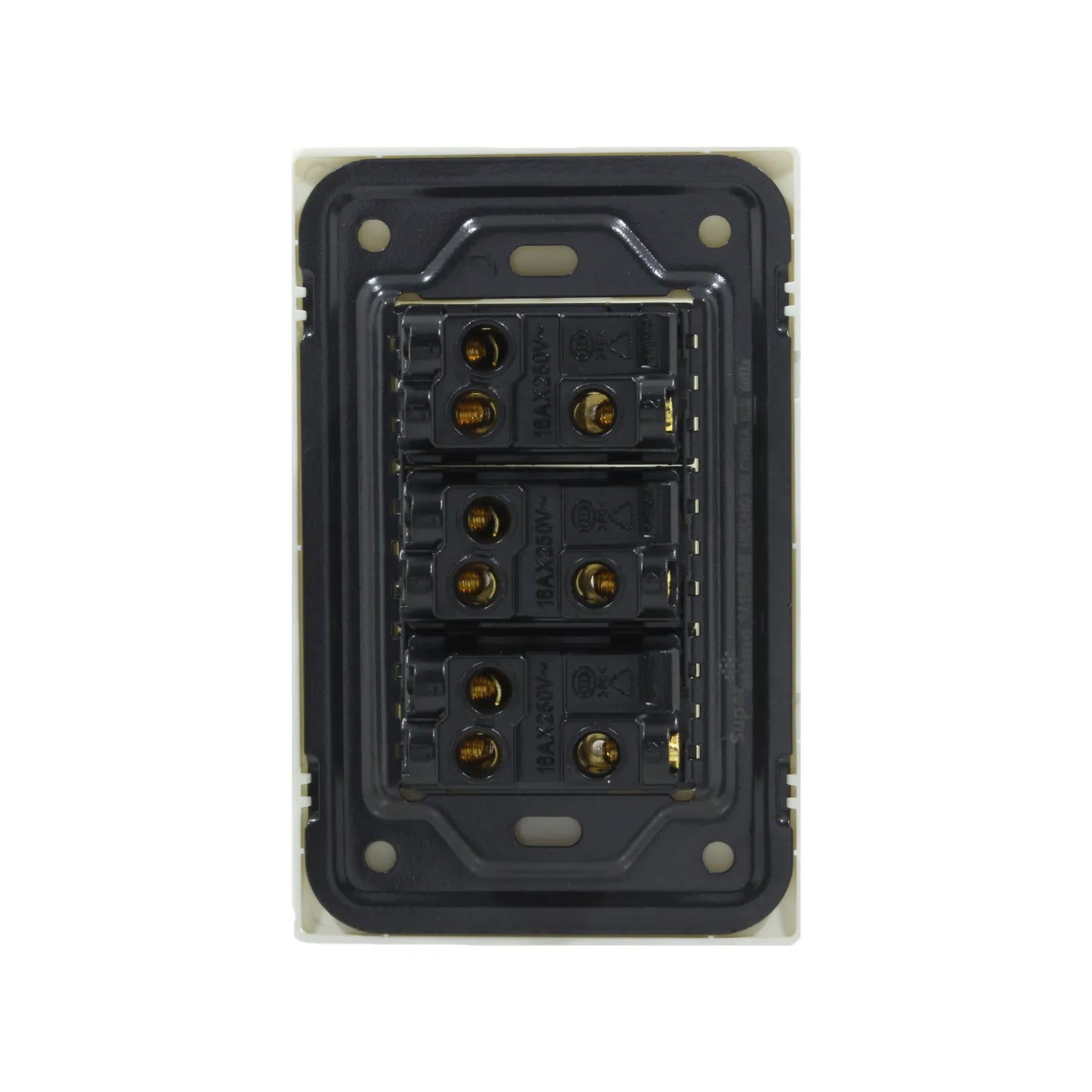 Placa con 3 apagadores de escalera Super Atomo, conexiones eléctricas 16A 250V, color beige y negro.