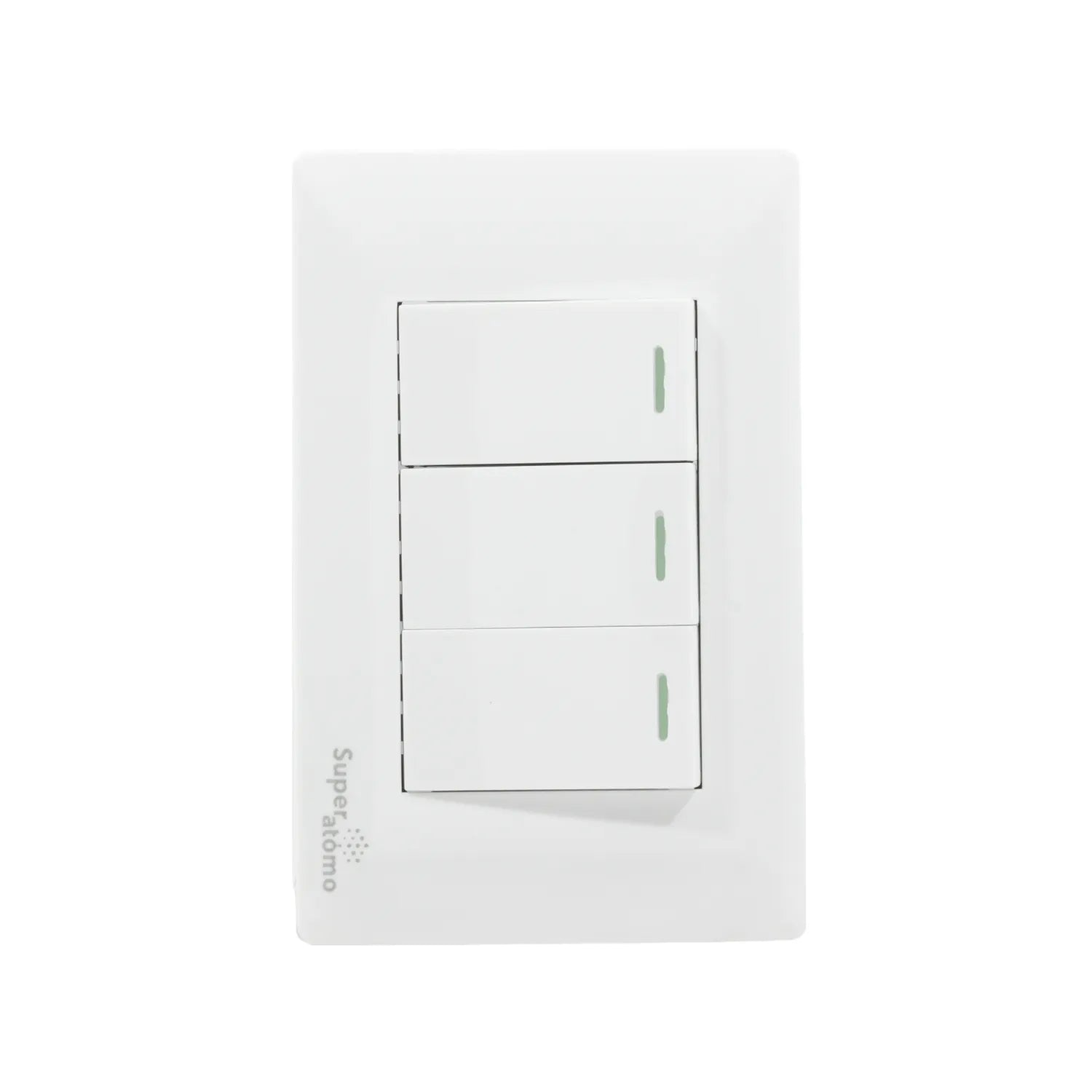 Placa blanca Super átomo con 3 apagadores de luz tipo escalera e indicadores verdes
