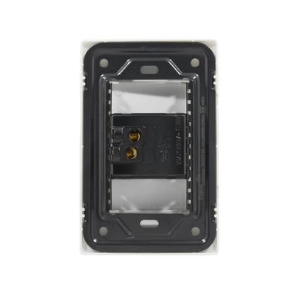 Placa botón para timbre Super átomo SA1307-BB, mecanismo eléctrico con conexiones, blanco y negro.