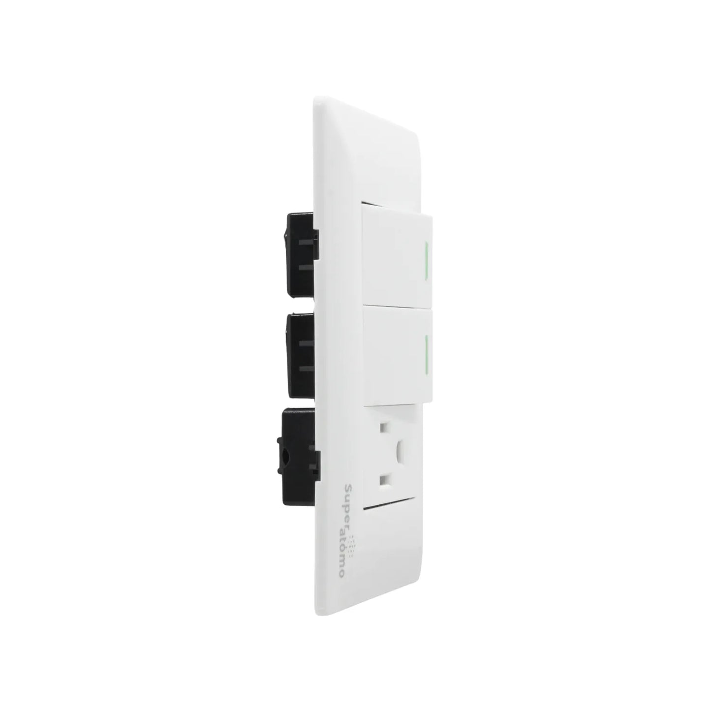Placa eléctrica blanca Super átomo con 2 apagadores con indicador verde y 1 contacto dúplex para instalación.