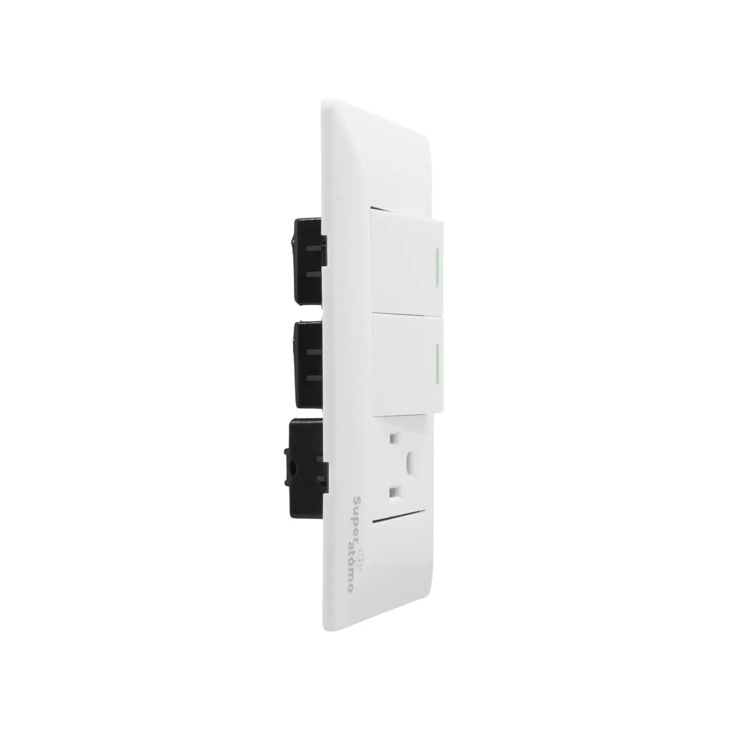 Placa eléctrica blanca Super átomo con 2 apagadores con indicador verde y 1 contacto dúplex para instalación.