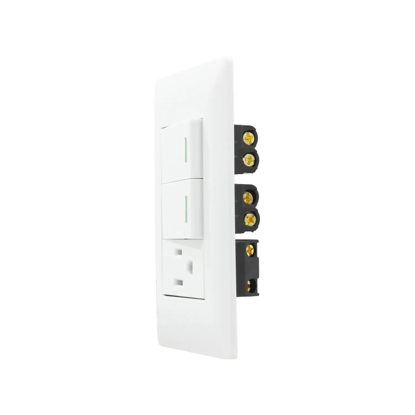 Placa eléctrica blanca con dos apagadores de luz LED y un contacto aterrizado para pared.