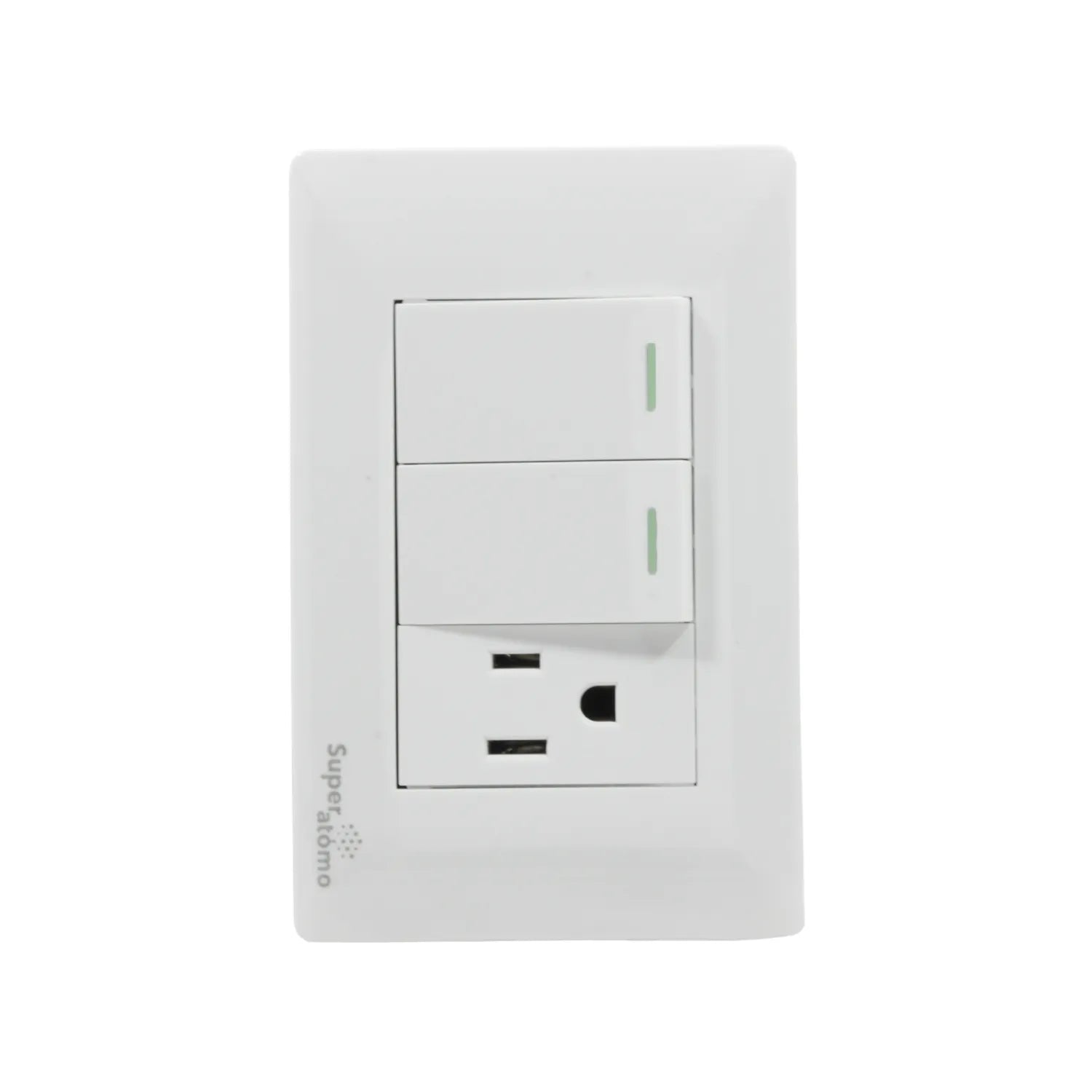 Placa Super átomo blanca con 2 apagadores de luz e indicador y 1 contacto eléctrico.
