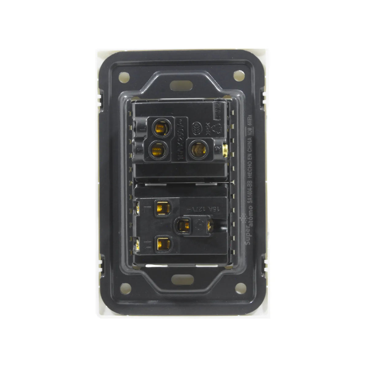 Placa eléctrica Super átomo con 1 apagador escalera 10A/250V y 1 contacto 15A/127V, blanca, vista posterior.