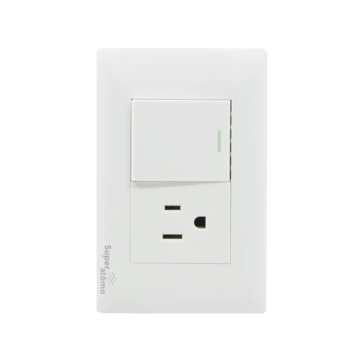 Placa eléctrica blanca Super átomo con 1 apagador de luz y 1 contacto de corriente.