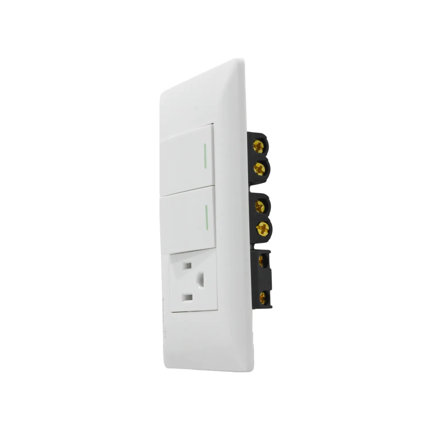 Placa blanca con 2 apagadores de escalera y 1 contacto eléctrico dúplex, para instalaciones residenciales.