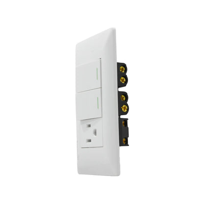 Placa blanca con 2 apagadores de escalera y 1 contacto eléctrico dúplex, para instalaciones residenciales.