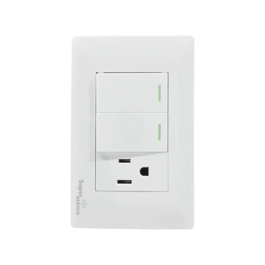 Placa Super átomo blanca con 2 apagadores escalera y 1 contacto eléctrico polarizado para pared