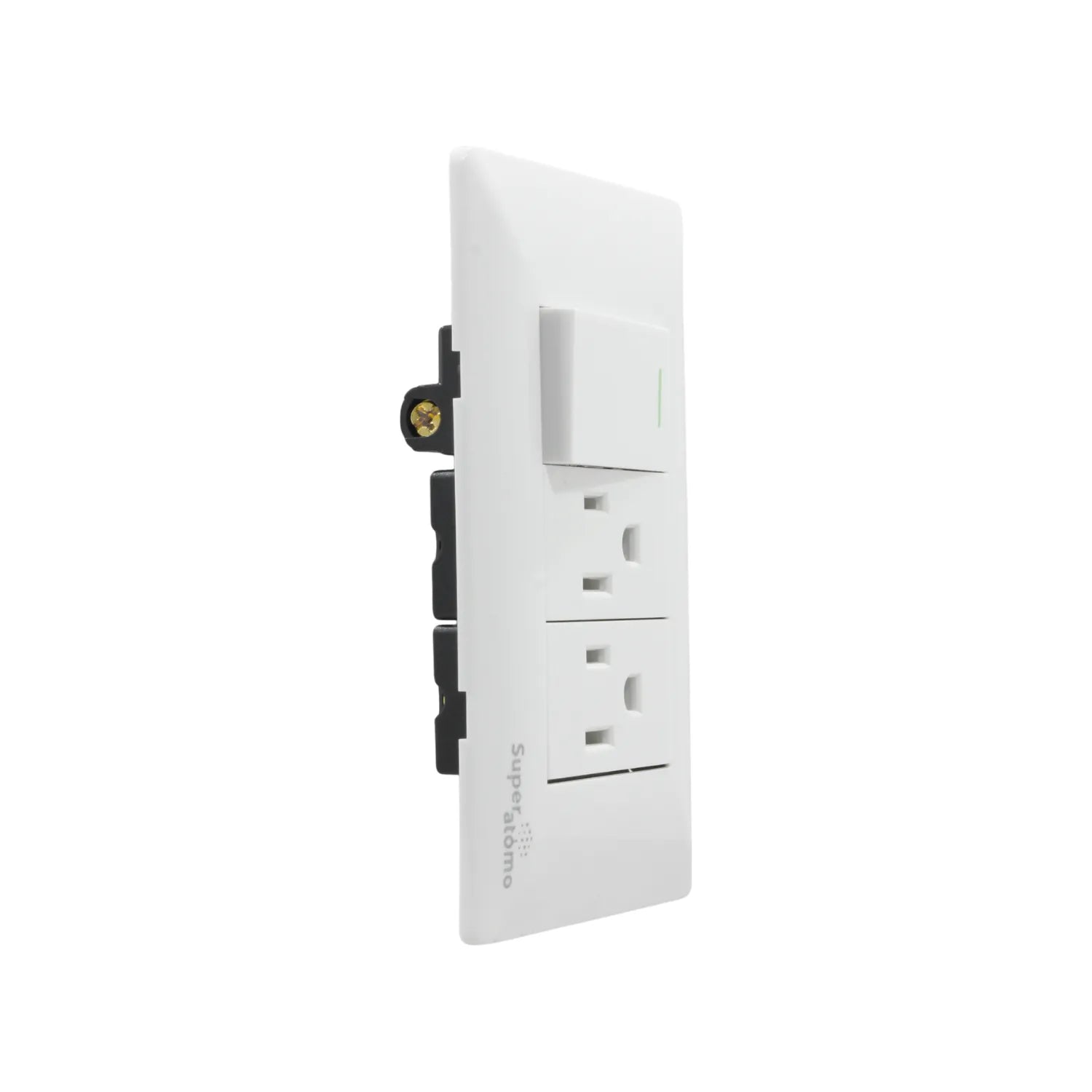 Placa eléctrica blanca Super átomo con 1 apagador de luz tipo rocker y 2 contactos eléctricos polarizados.