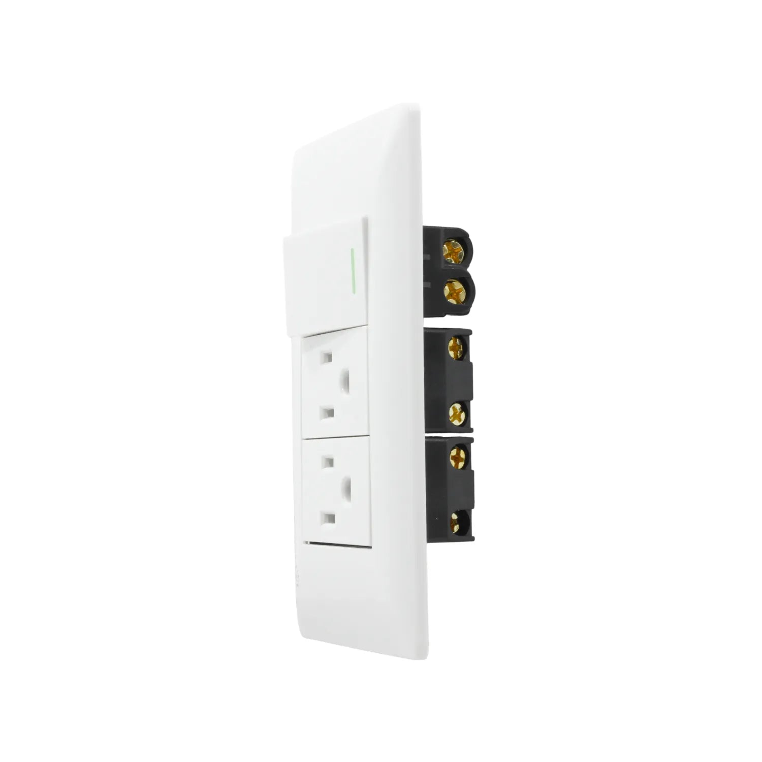 Placa pared blanca con 1 apagador de escalera y 2 contactos eléctricos, vista trasera con terminales.