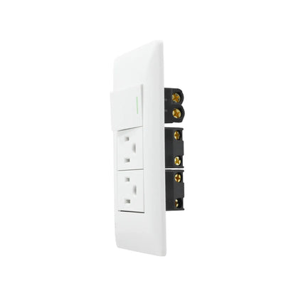 Placa pared blanca con 1 apagador de escalera y 2 contactos eléctricos, vista trasera con terminales.