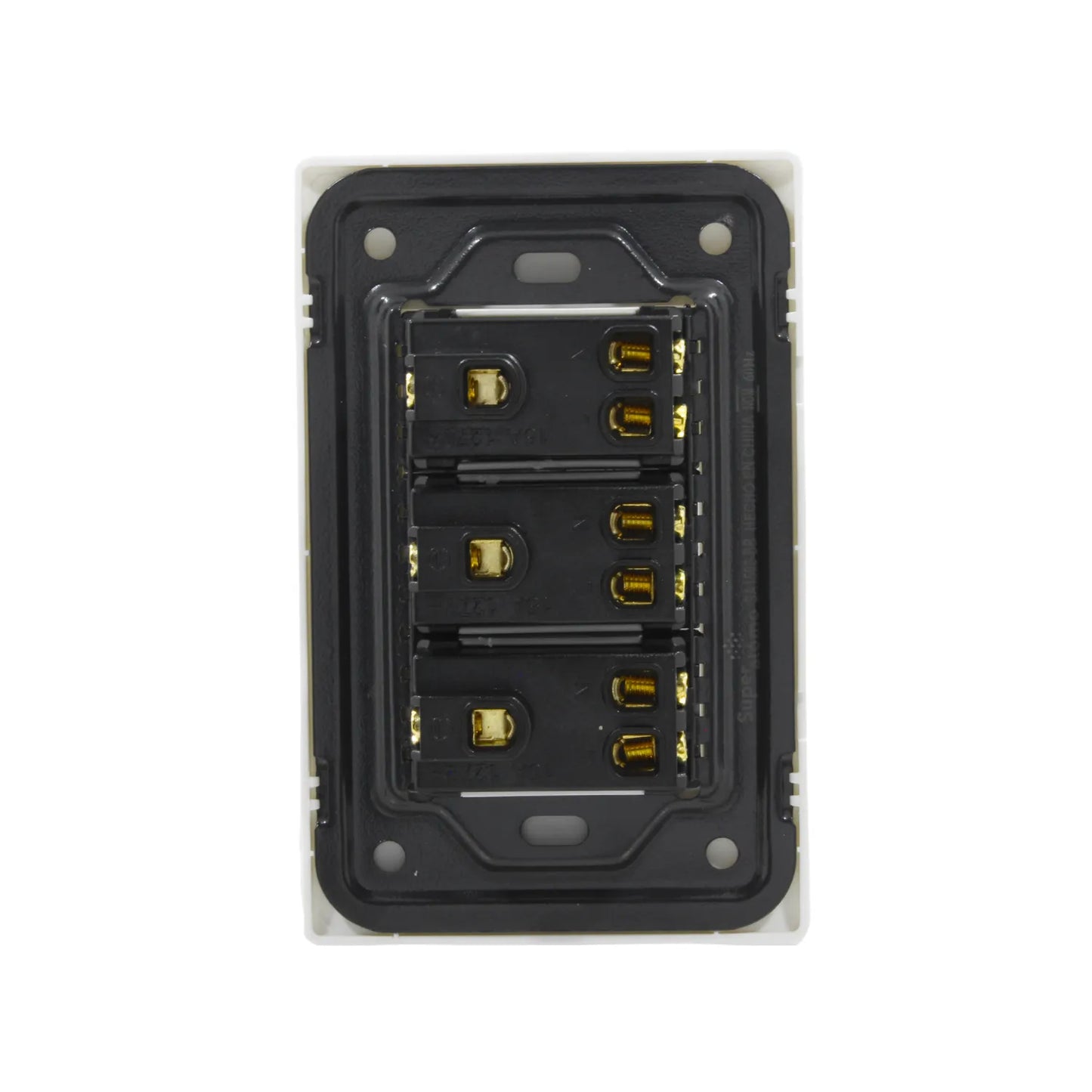 Placa eléctrica blanca Super átomo con 3 módulos de contactos, vista trasera, 10A 127V~ 60Hz