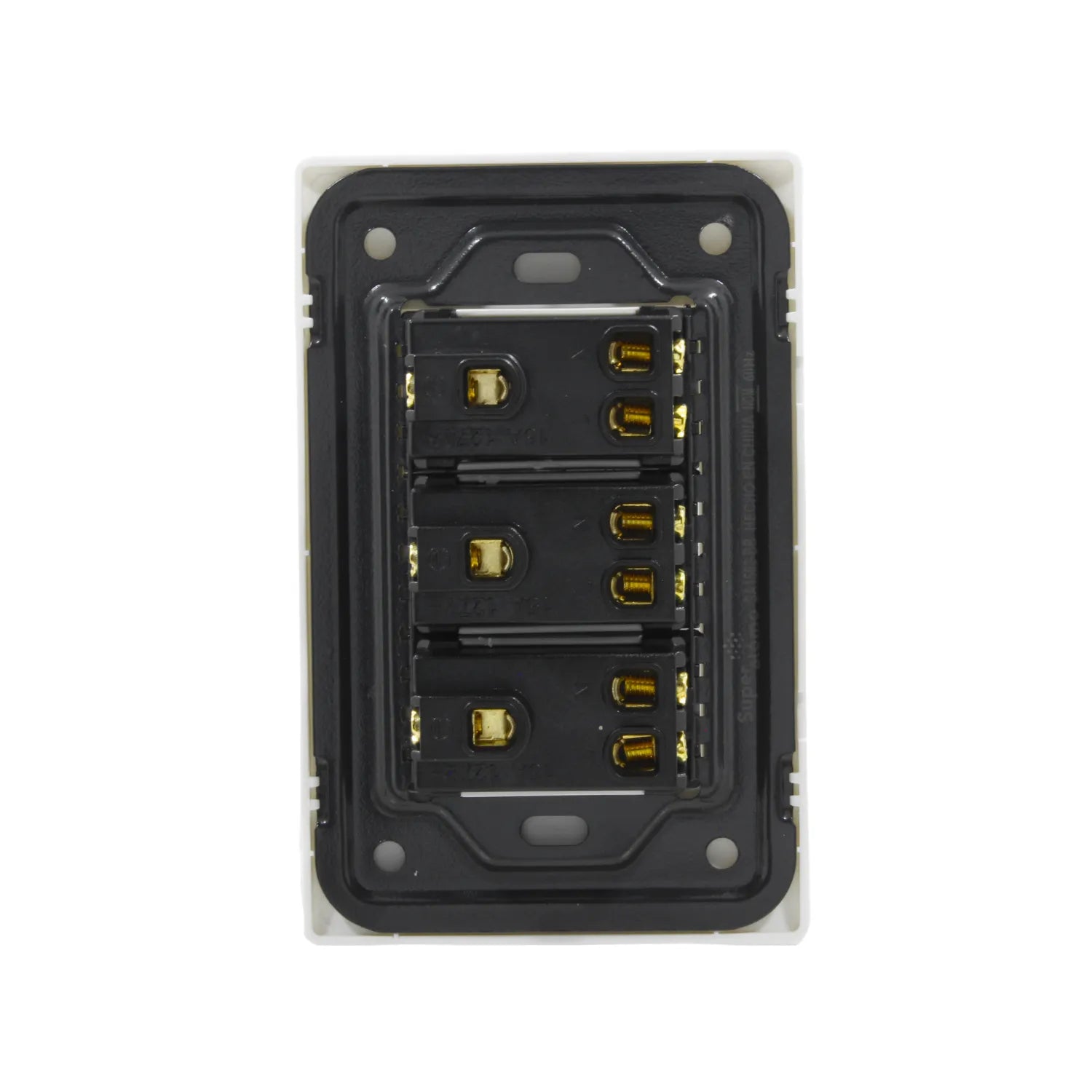 Placa eléctrica blanca Super átomo con 3 módulos de contactos, vista trasera, 10A 127V~ 60Hz
