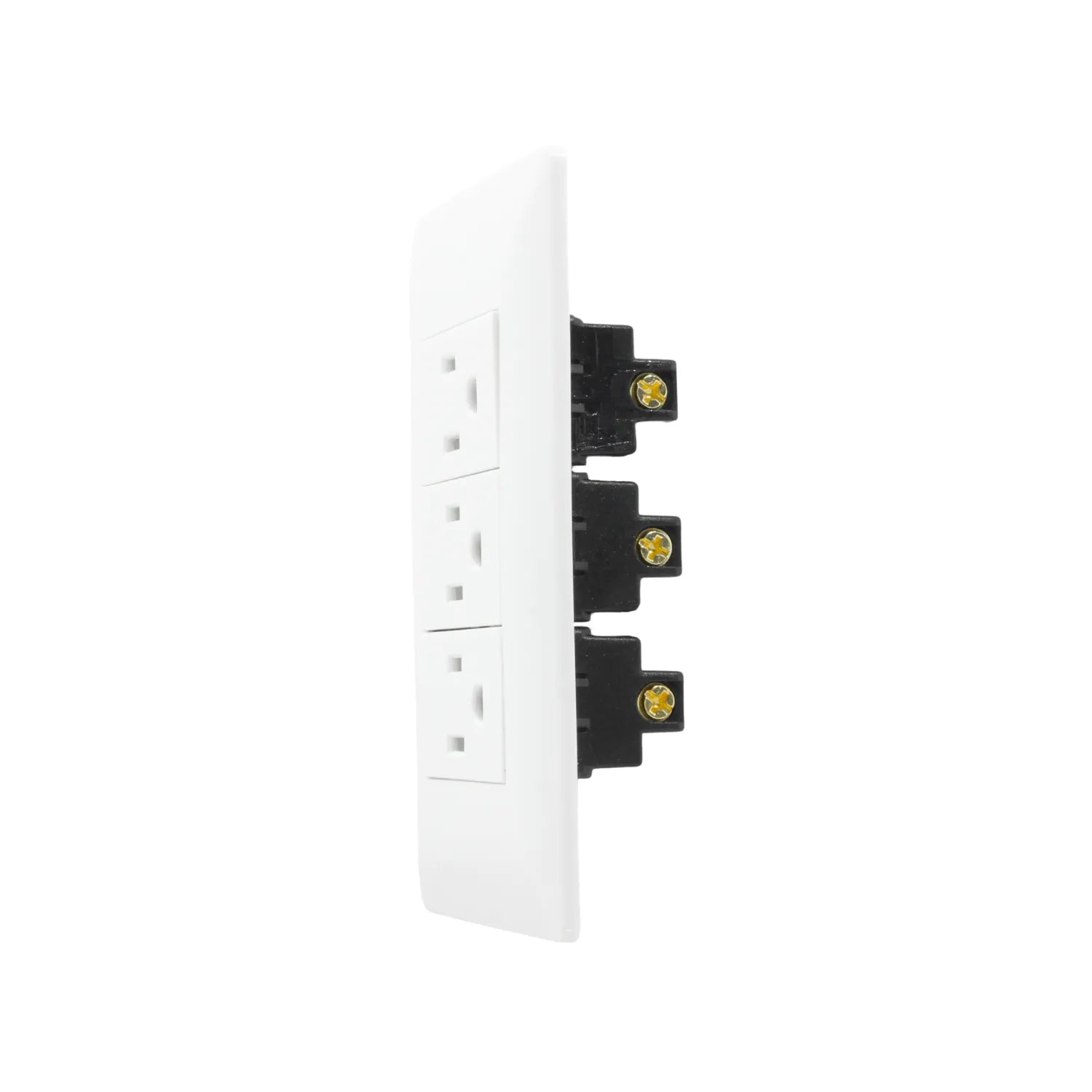 Placa de pared blanca con 3 contactos eléctricos, toma de corriente triple para enchufes