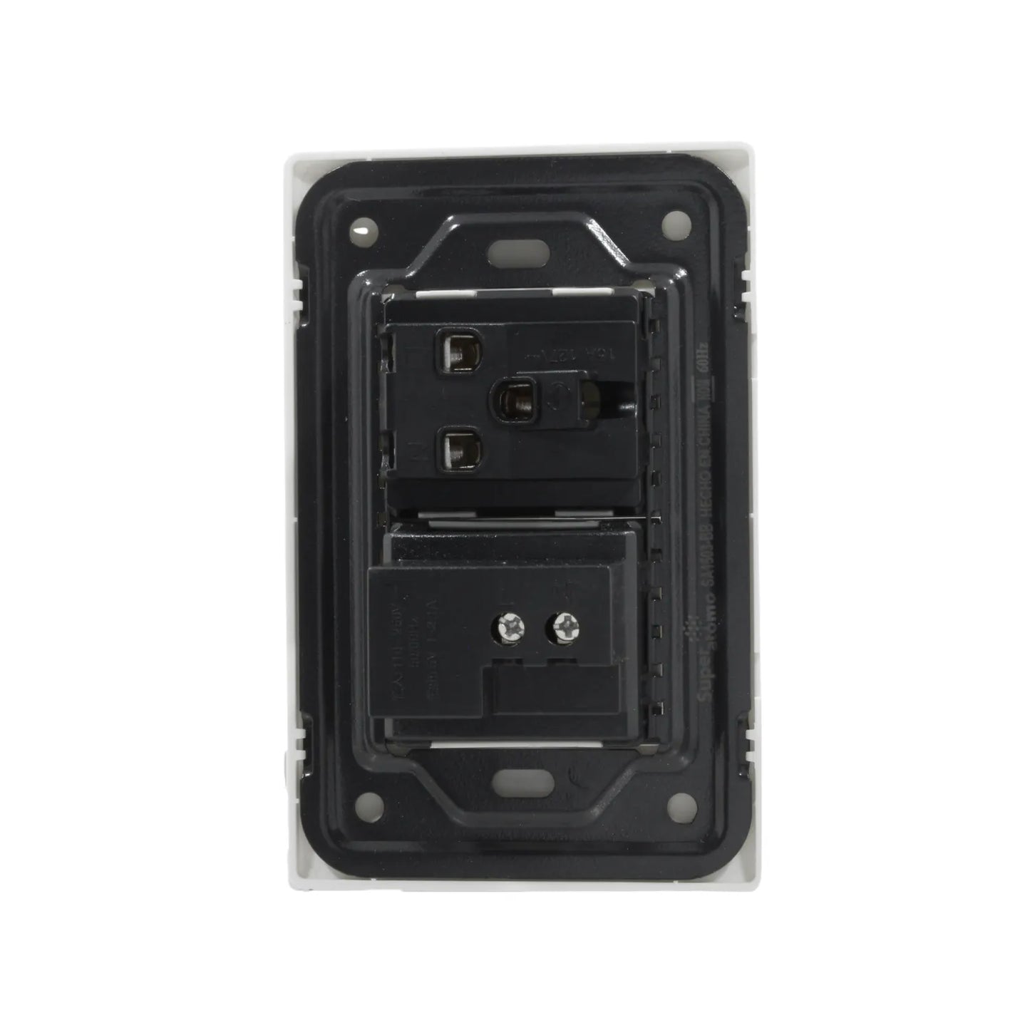 Placa de pared blanca Super átomo SA1503-BB con 1 contacto eléctrico y puertos cargadores USB-A y USB-C.