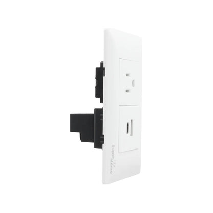 Placa eléctrica Super átomo blanca con 1 contacto AC y 1 puerto USB Tipo C para pared, ideal carga dispositivos.