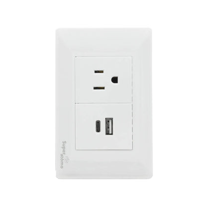 Placa de pared blanca Super átomo con toma de corriente, puerto USB-A y USB-C para cargar dispositivos electrónicos