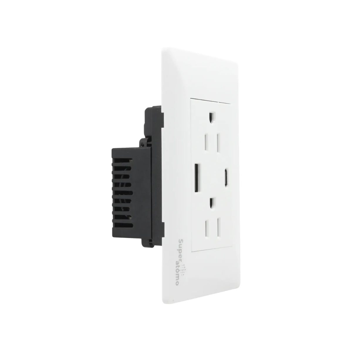 Placa tomacorriente blanca Super átomo con 2 contactos eléctricos, 1 puerto USB y 1 USB Tipo C para pared.