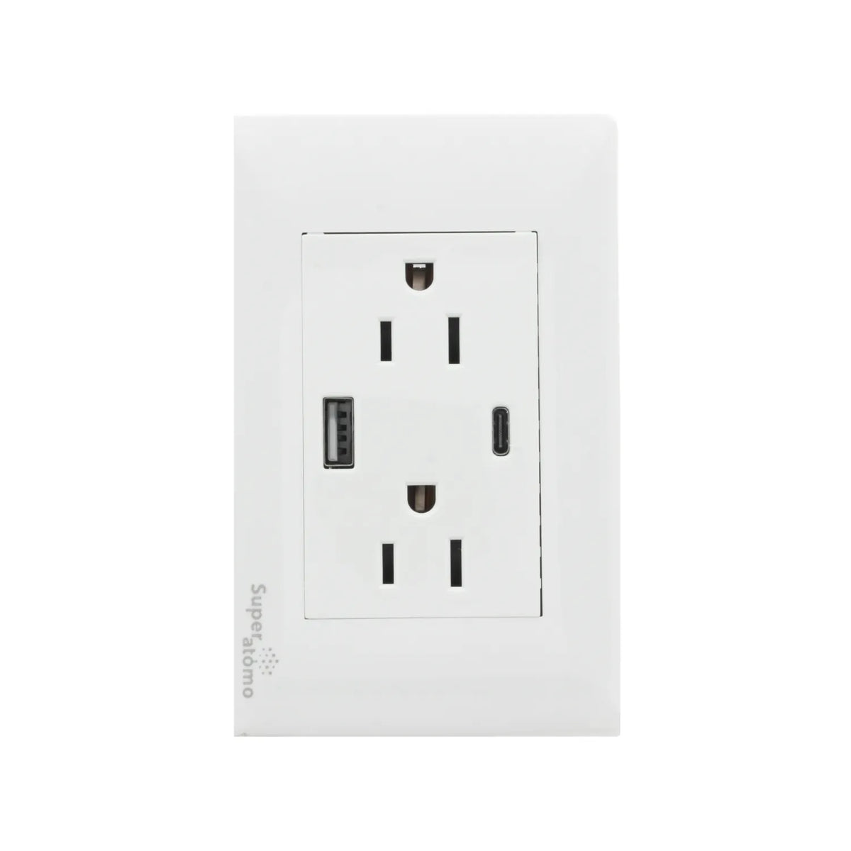 Placa eléctrica blanca Super átomo con 2 tomas de corriente, puerto USB-A y USB-C para pared