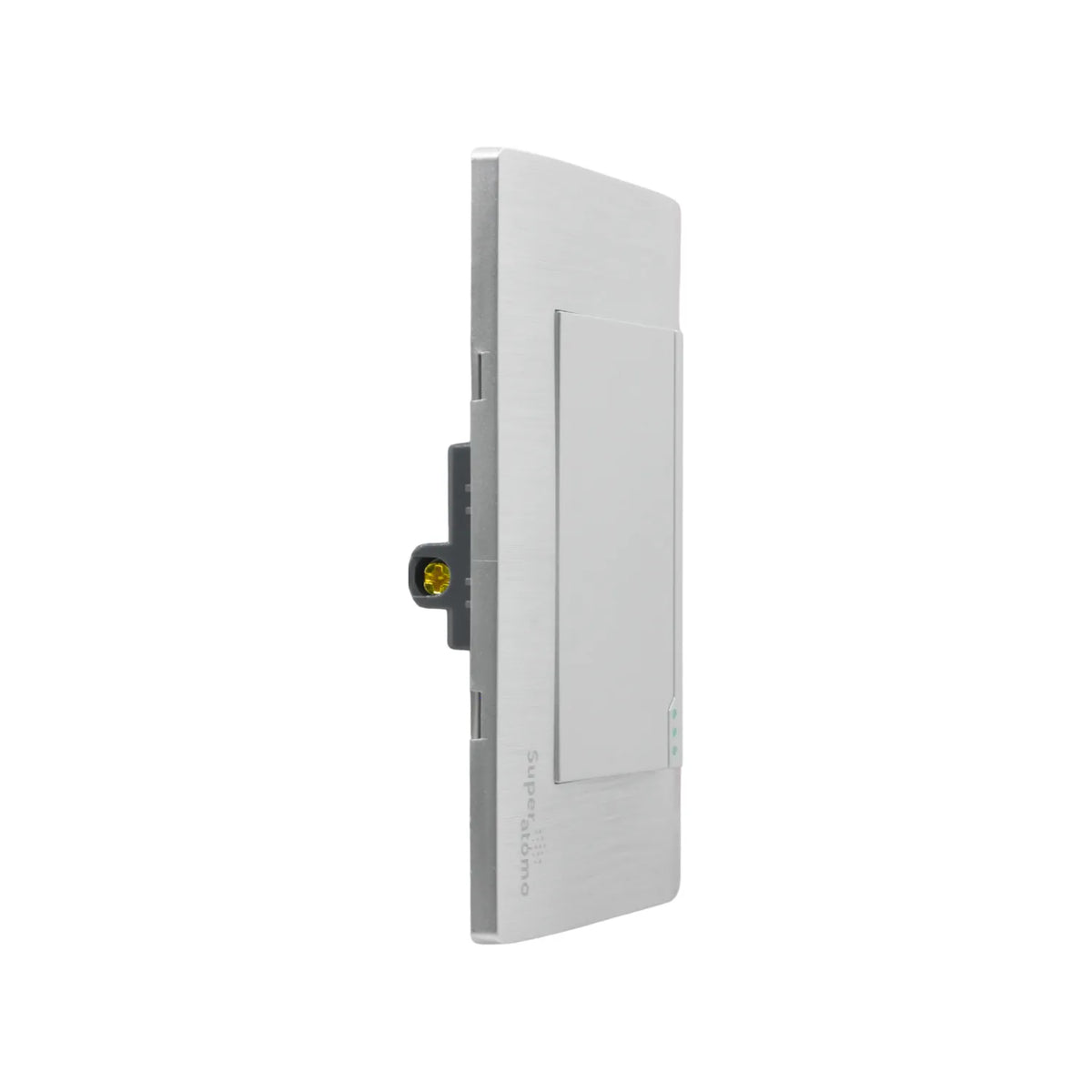 Placa de apagador Super átomo con 1 interruptor escalera, acabado metálico gris, diseño moderno para pared.