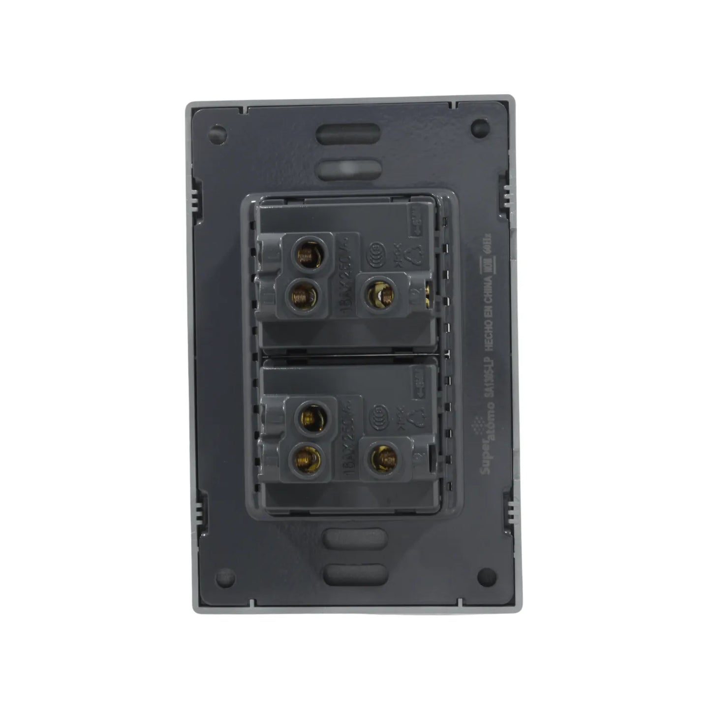 Placa de 2 apagadores de escalera Super átomo gris SA1305-LP, vista trasera con terminales eléctricos 16A 250V