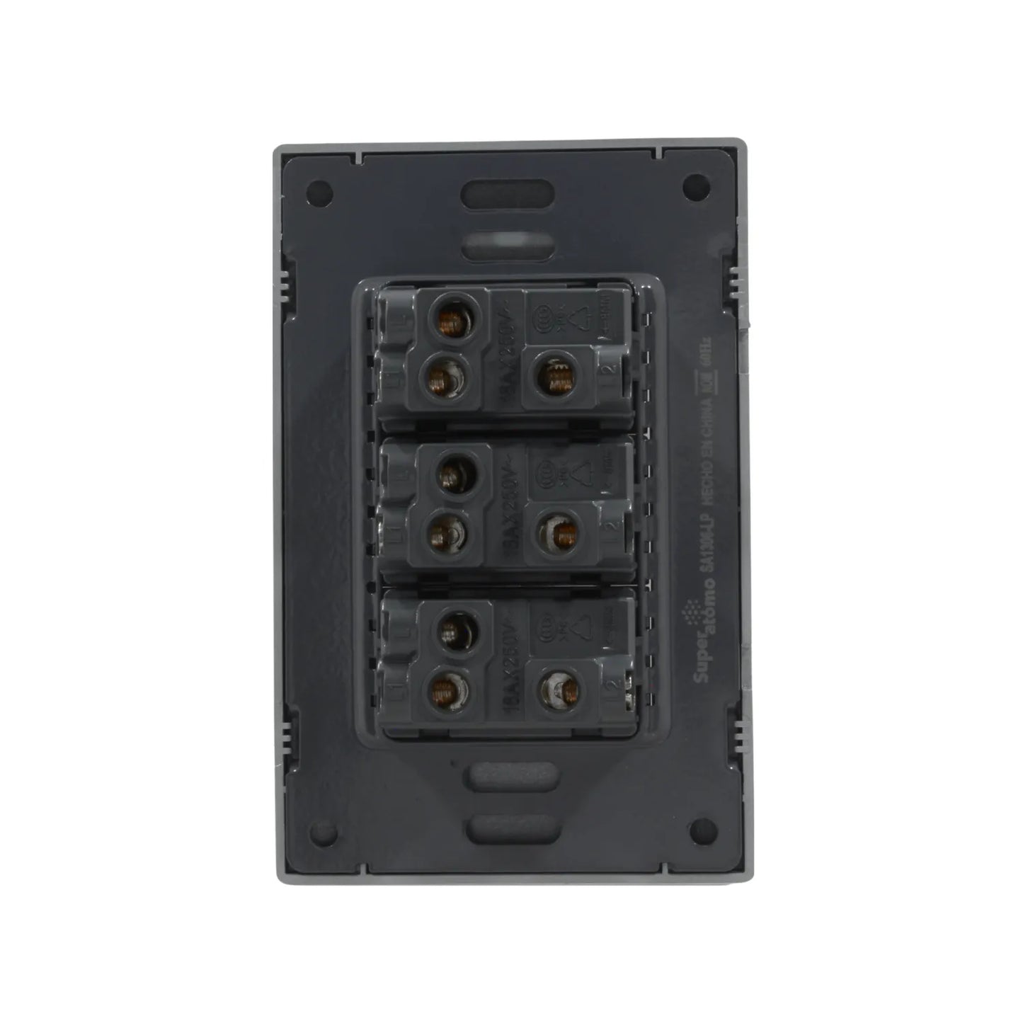 Placa Super átomo SA1306-LP con 3 apagadores de escalera gris oscuro, 16A 250V, vista trasera.