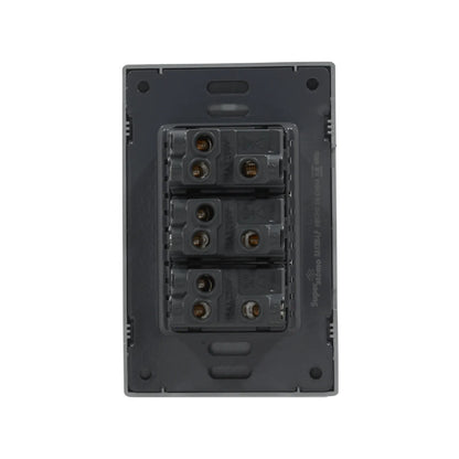 Placa Super átomo SA1306-LP con 3 apagadores de escalera gris oscuro, 16A 250V, vista trasera.