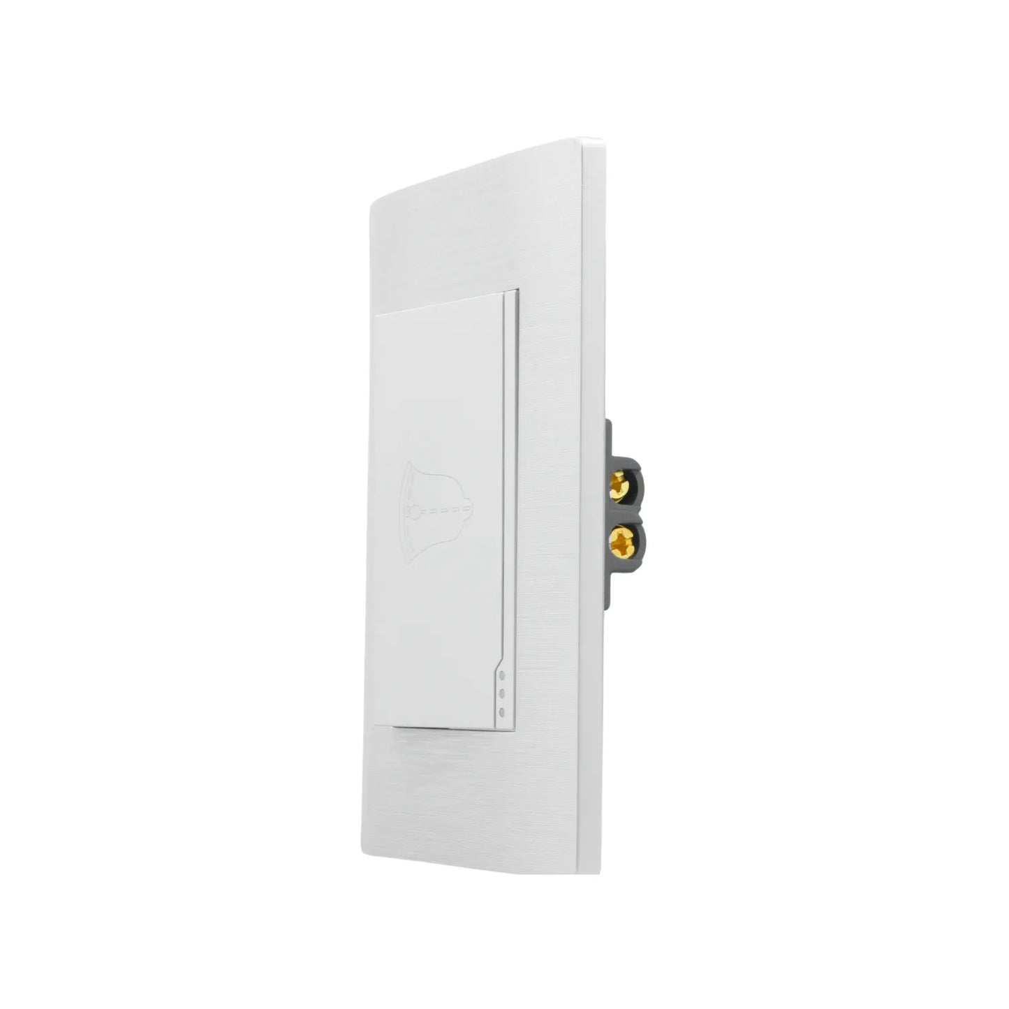 Placa botón para timbre con icono de campana, acabado metálico cepillado color plata, vista lateral con conexiones.