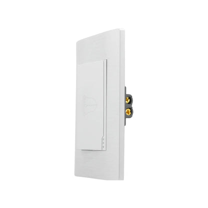 Placa botón para timbre con icono de campana, acabado metálico cepillado color plata, vista lateral con conexiones.