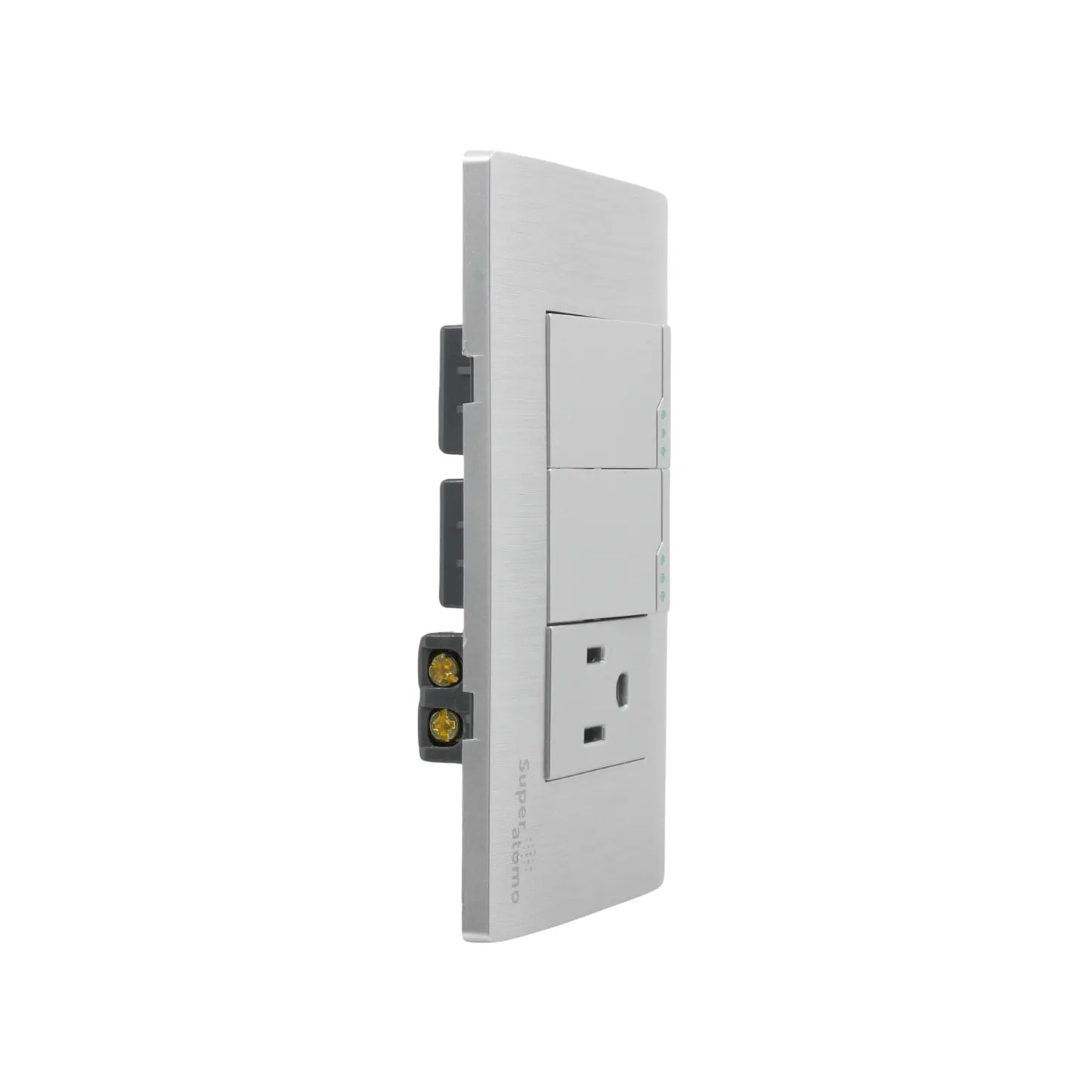 Placa de pared Super átomo con 2 apagadores y 1 contacto, acabado plata cepillada