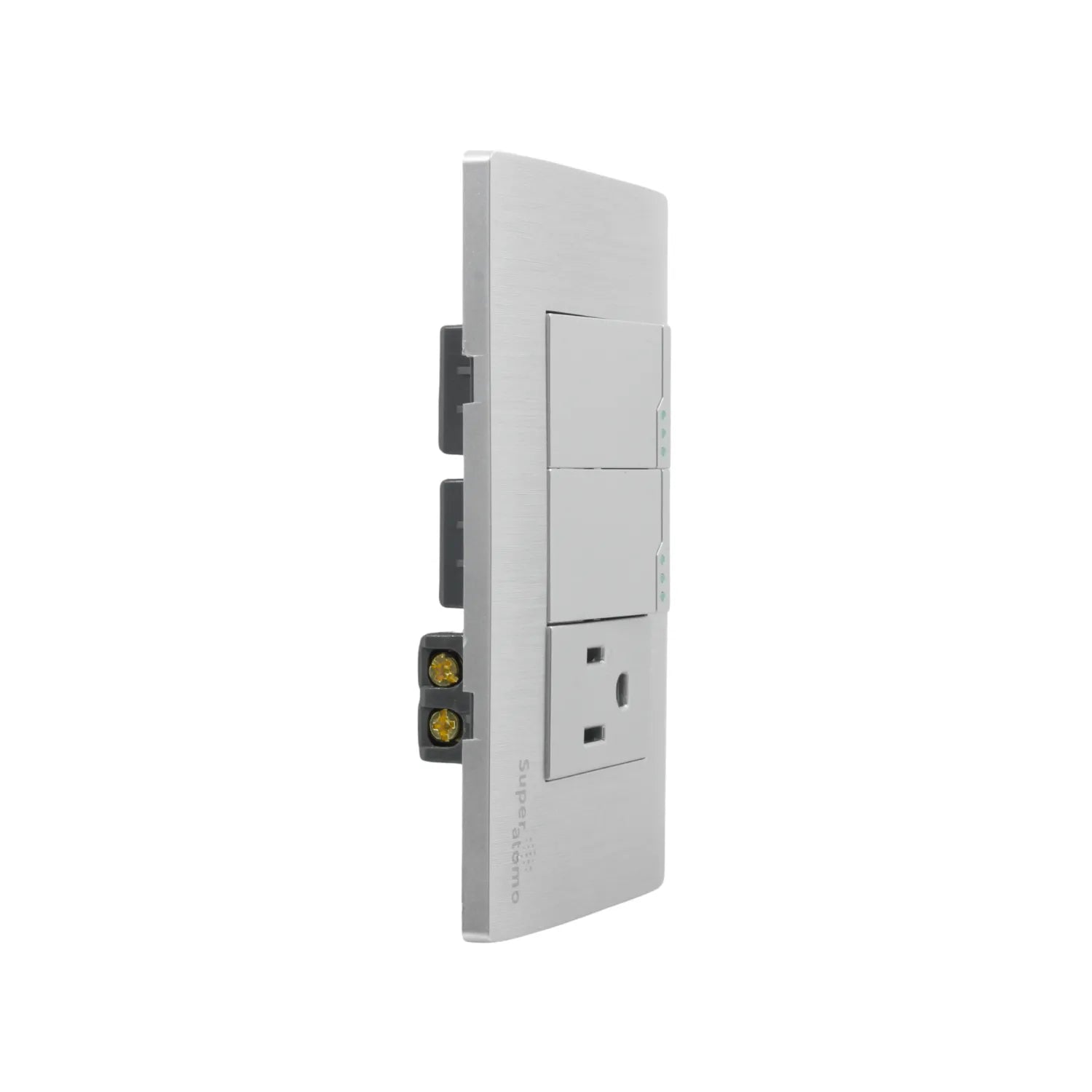 Placa de pared Super átomo con 2 apagadores y 1 contacto, acabado plata cepillada