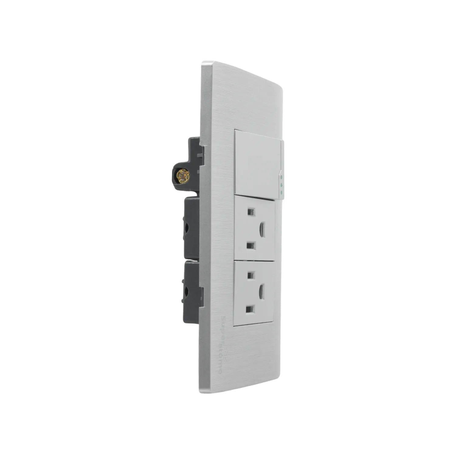 Placa eléctrica Super átomo con 1 apagador y 2 contactos, acabado gris plata metálico, vista lateral.