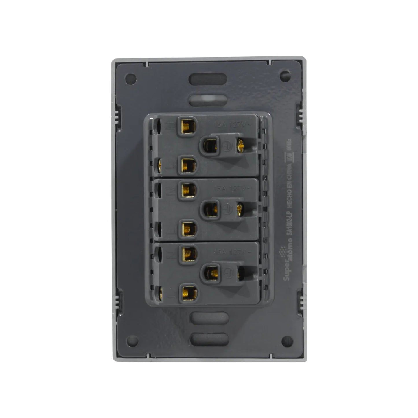 Placa tomacorriente Super átomo triple gris 15A 127V, vista posterior.