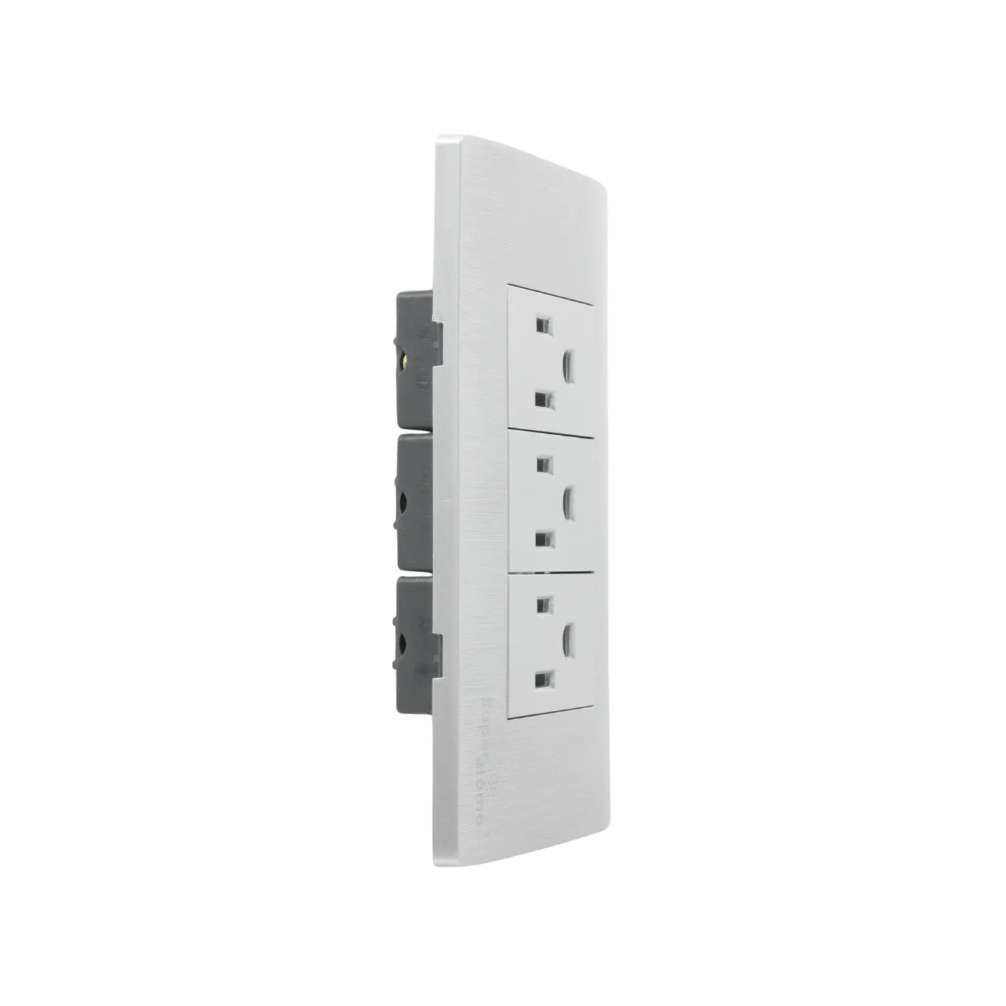 Placa Superátomo 3 contactos blanca. Tomacorriente eléctrico con conexión a tierra para instalaciones de hogar.