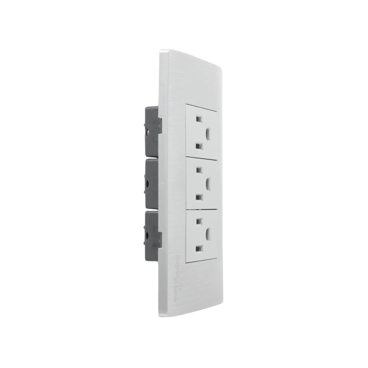 Placa Superátomo 3 contactos blanca. Tomacorriente eléctrico con conexión a tierra para instalaciones de hogar.
