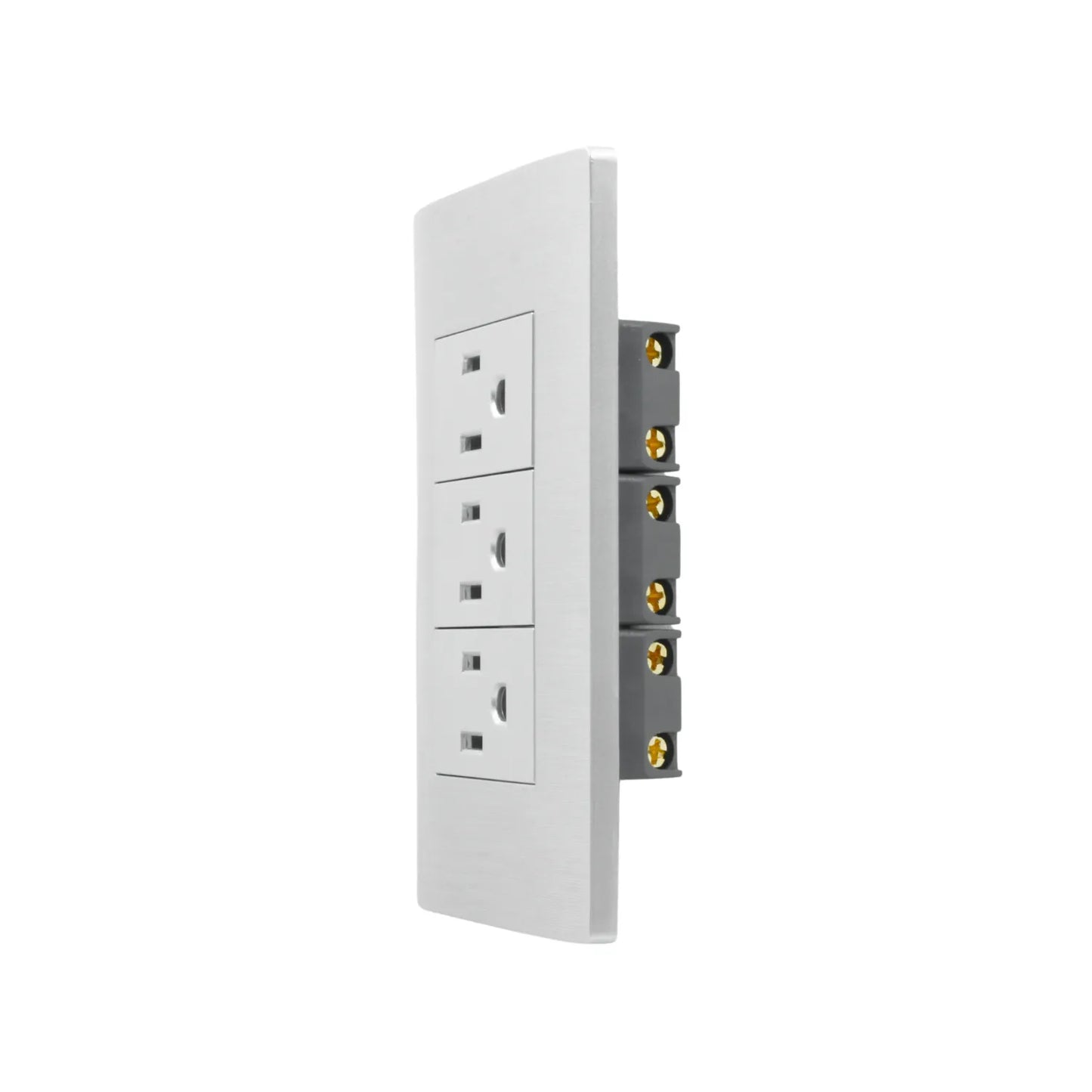 Placa eléctrica blanca con acabado metálico, 3 contactos o tomacorrientes de pared para uso doméstico.