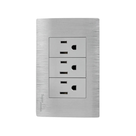 Placa Super átomo 3 contactos eléctricos polarizados, tomacorriente triple plateado con acabado metálico cepillado.