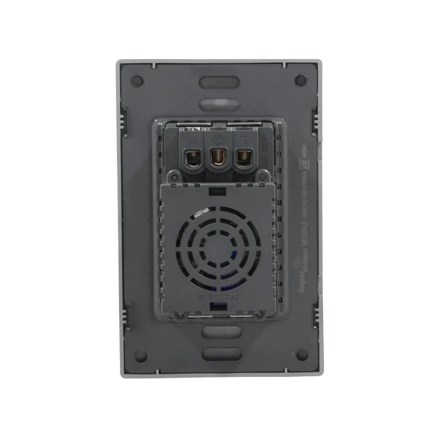 Placa eléctrica gris Super átomo SA1504-LP, vista trasera con conexiones 15A 127V para 2 contactos, USB y Tipo C.