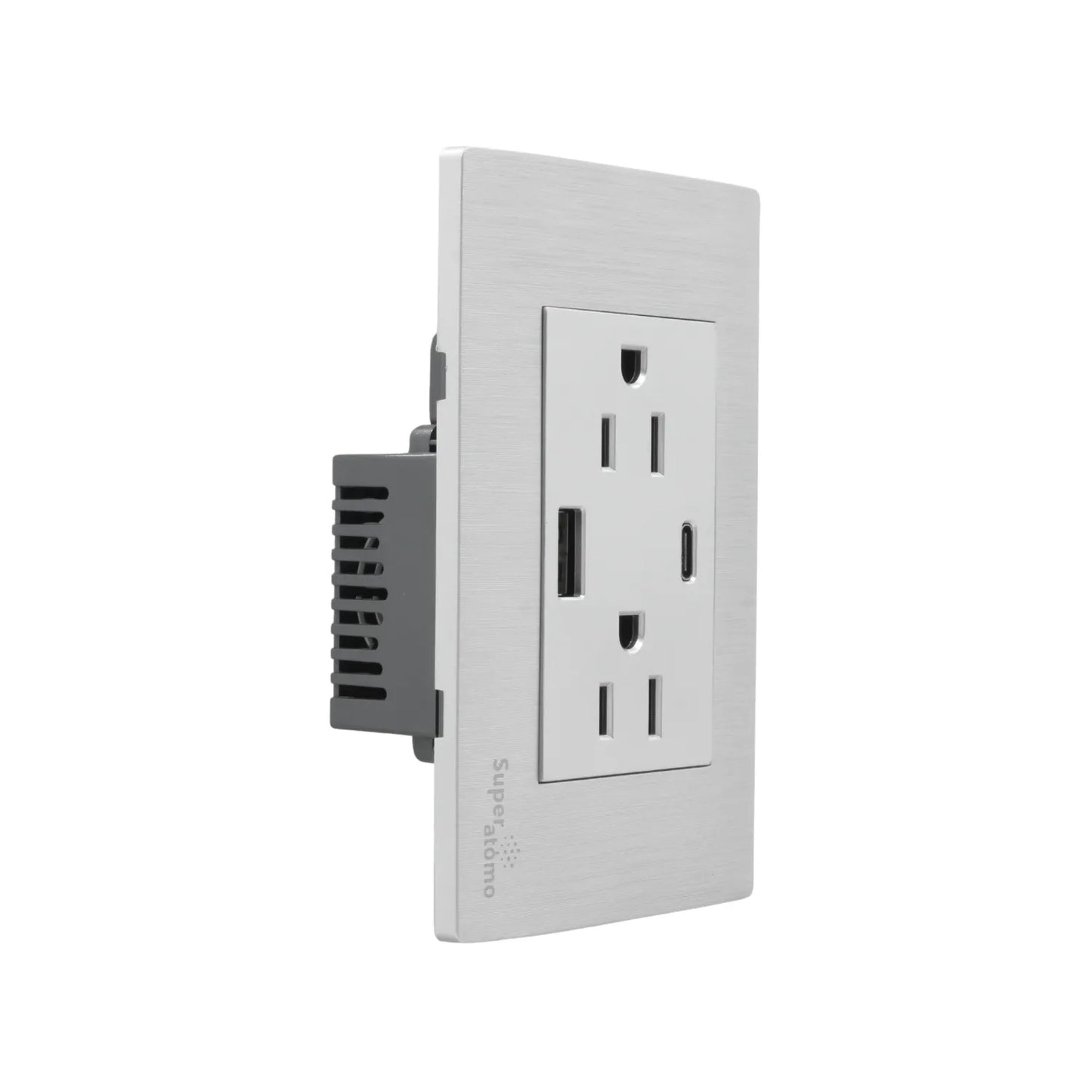 Placa eléctrica Super átomo, 2 tomas de corriente, 1 USB-A y 1 USB-C, acabado cepillado.